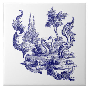 Carreau Bleu et blanc Baroque Rococo Rocaille Swan Pair