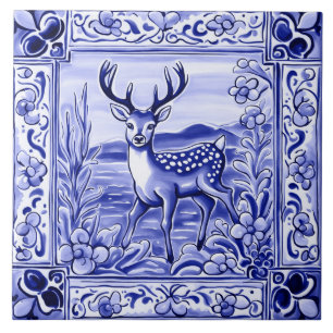 Carreau Bleu et blanc Bois de cerfs Folk Animal Art