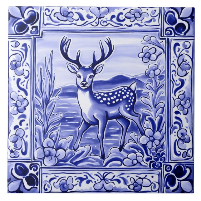 Carreau Bleu et blanc Bois de cerfs Folk Animal Art (Devant)