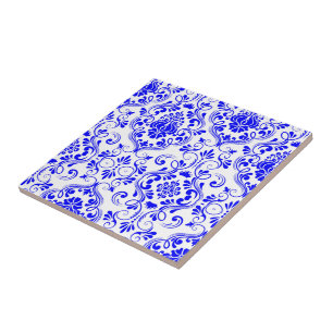 Carreau Bleu et blanc Damas motif floral élégant