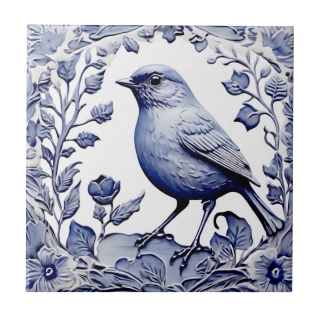 Carreau Bleu et blanc Delft Bird Botanique Floral (Devant)