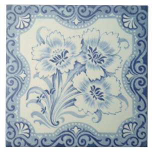 Carreau Bleu et blanc Floral Victorian Majolica Antique