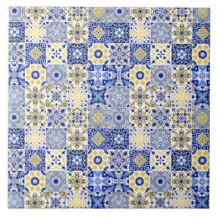 Carreau bleu et blanc jaune motif portugais Azulejo