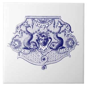 Carreau Bleu et blanc Rococo Dolphin Cartouche