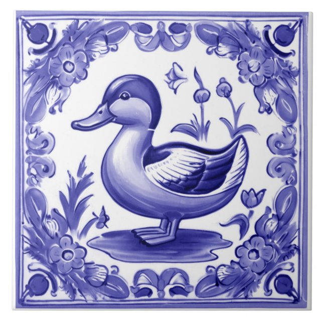 Carreau Bleu et Canard blanc Européens Folk Art animal (Devant)