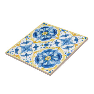 Carreau 💛 💙 bleu et jaune, aquarelle fleurie Azulejos