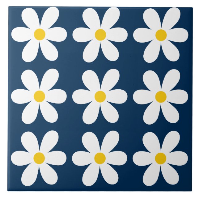 Carreau Bleu foncé Retro Daisy motif floral (Devant)