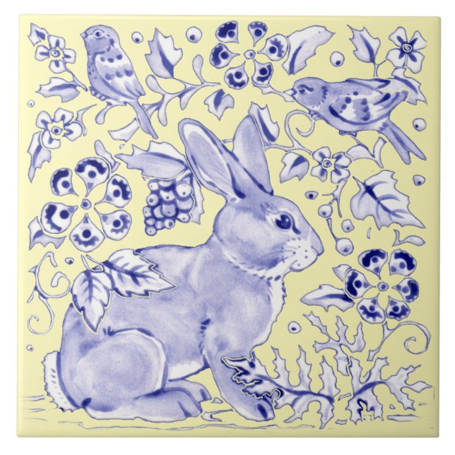 Carreau Bleu Jaune Lapin Oiseau Bois Floral Joli (Devant)