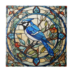 Carreau Bleu Jay Faux Vitrail Bluejay Bird