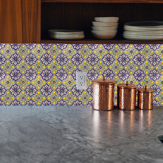 Carreau Bleu Méditerranée Motif Fleurs Jaunes (Créateur téléchargé)