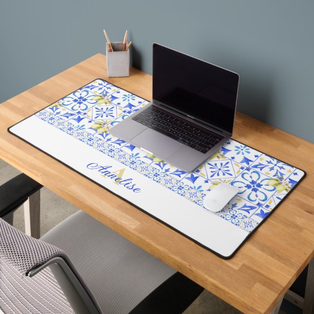 Carreau bleu motif français de citron monogramme (Bureau 2)