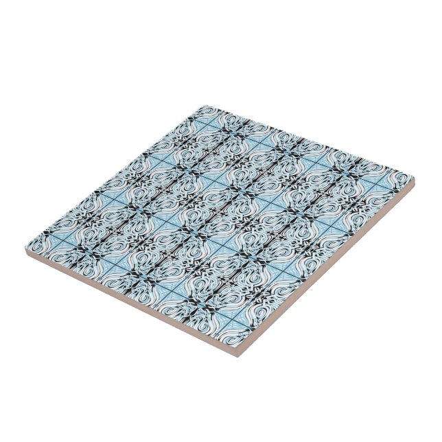 Carreau Bleu Noir Blanc Motif Abstrait Répétitif Courbe  (Côté)