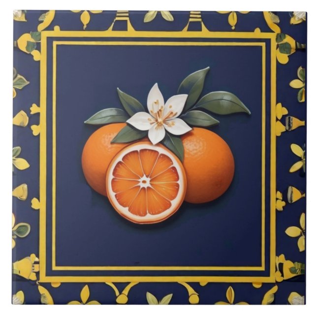 Carreau Bleu Nuit & Oranges Dorées Fruit Méditerranéen (Devant)