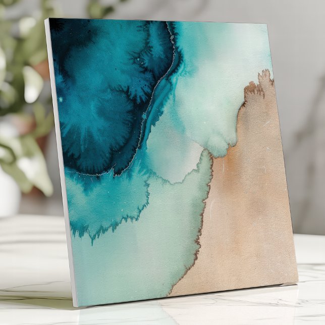 Carreau Bleu océan et eau de sable à l'aquarelle de plage (Créateur téléchargé)