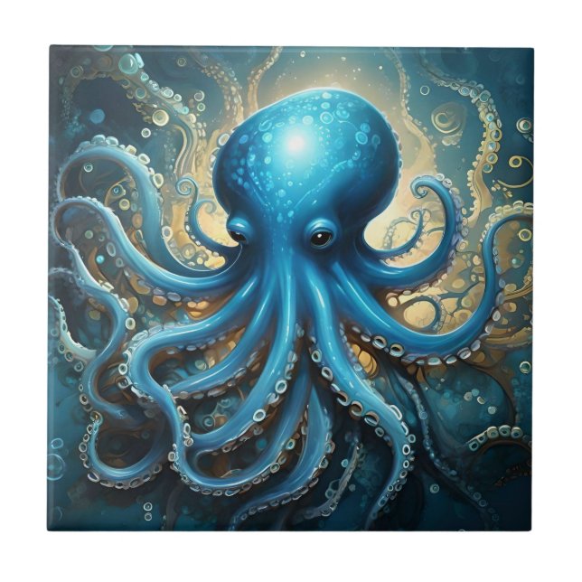 Carreau Bleu Octopus Acrylique Abstraite, (Devant)