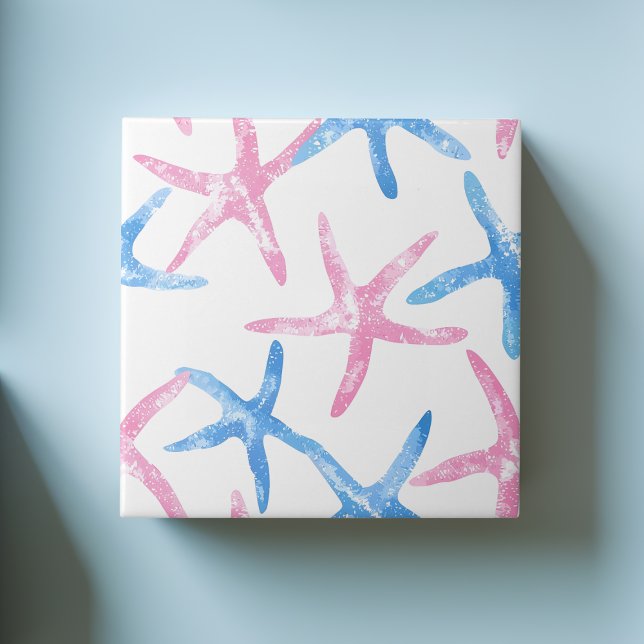 Carreau Bleu Pink Starfish Moderne Motif balnéaire (Blue Pink Starfish Modern Coastal Seaside Pattern Ceramic Tile)