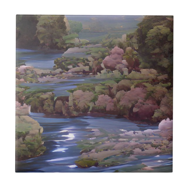 Carreau Bleu rivière arbres verts art numérique (Devant)