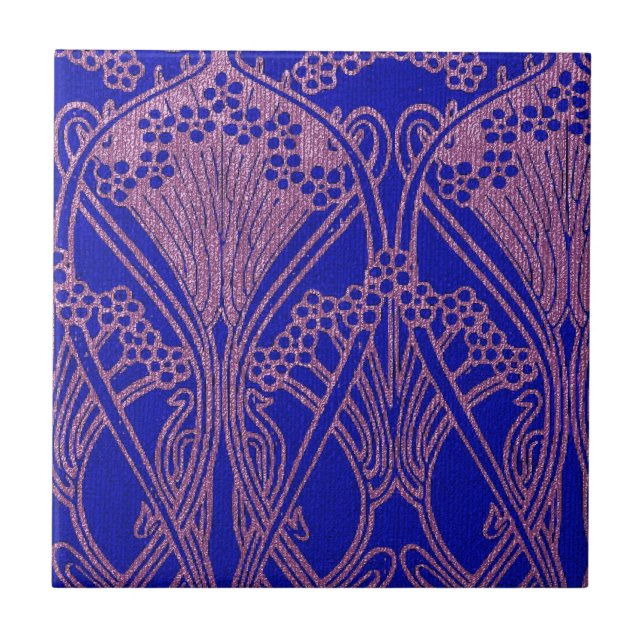 Carreau Bleu royal, motif Art nouveau, violet royal, flore (Devant)