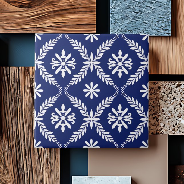 Carreau Bleu Simple Moderne Géométrique Élégant Abstrait (Blue Simple Modern Geometric Elegant Abstract Floral Symmetrical Ceramic Tile)