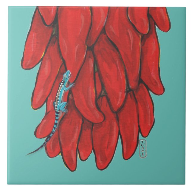 Carreau Bleu Sud-Ouest Lézard Rouge Chili Pepper Mural (Devant)