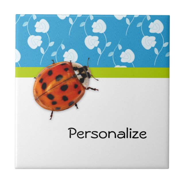 Carreau Bleu tendance Ladybug Floral avec nom (Devant)