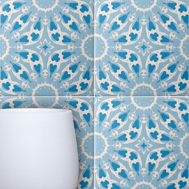 Carreau Bleu texturé blanc stylisé symétrique floral (Créateur téléchargé)