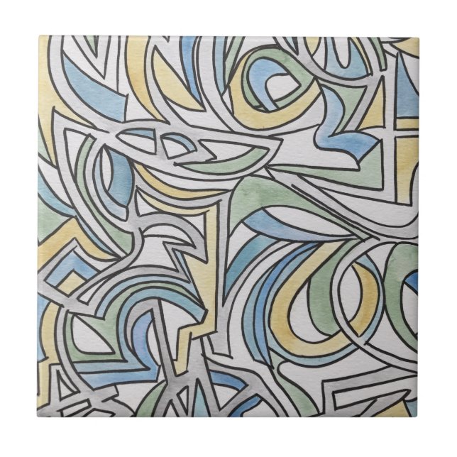 Carreau Bleu Vert Jaune Treillis - Peinture Abstraite à la (Devant)