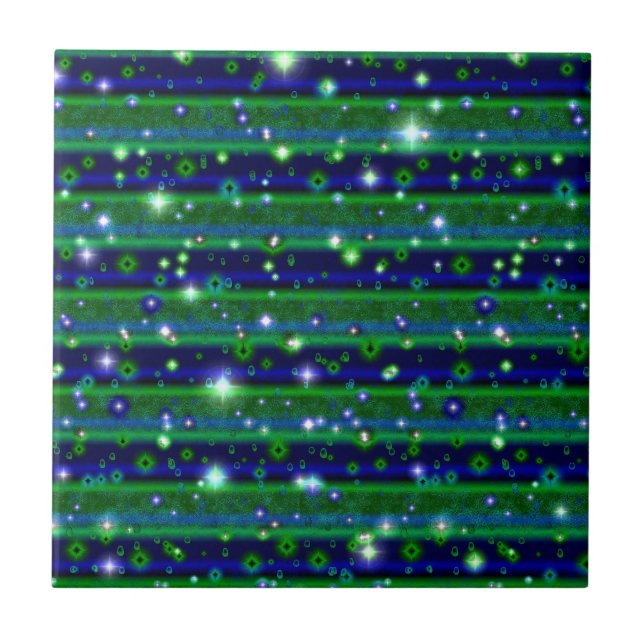 Carreau Bleu vert rayures avec étoiles et Raindrops (Devant)