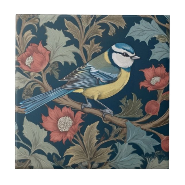 Carreau Bleu William Morris style Oiseau droit Bleu Tit (Devant)