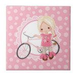 Carreau Blonde Bicycle Girl<br><div class="desc">This desobjets a cute blonde girl with her pink bicycle. On pink and white cute scallop accent background.</div>