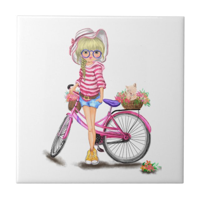 Carreau Blonde Girl Ceramic Tile with Pink Bike (Devant)