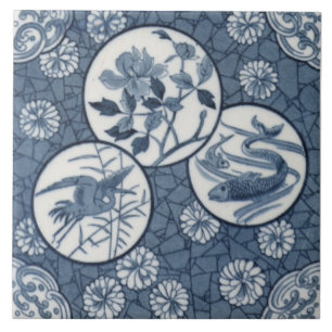 Carreau Blue Aesthetic Japonais Crane Fish Floral Repro