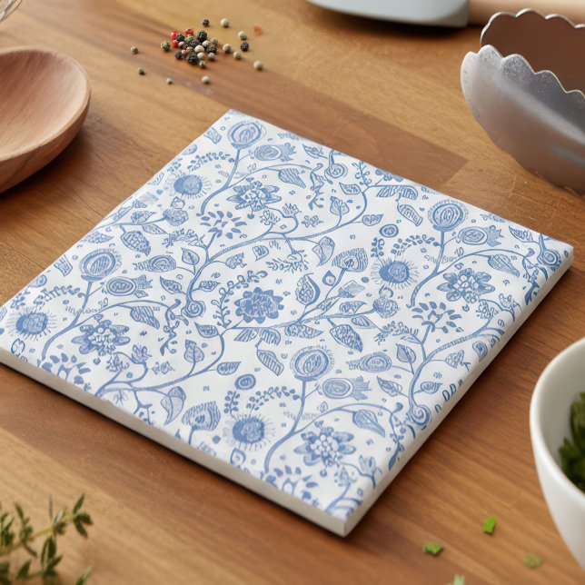 Carreau Blue and White Floral Botanical Pattern Modern (Créateur téléchargé)