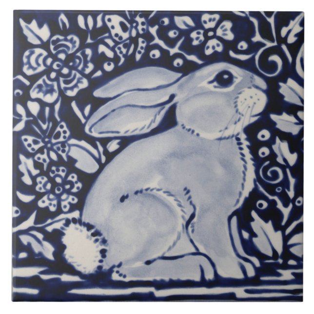 Carreau Blue and White Rabbit Floral Designer 6" Carrelage (Devant)