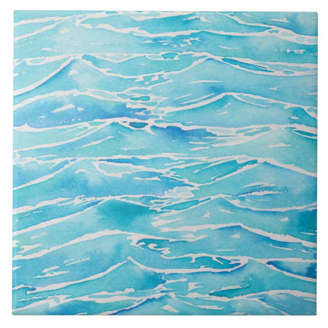Carreau Blue Aqua Ocean Sea Waves Aquarelle Imprimer (Devant)