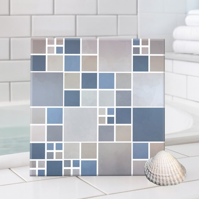 Carreau Blue Beach Mosaic Motif Cuisine Salle de bain Carr (Bathroom tile featuring a geometric mosaic pattern with watercolor effects inspired by the beach)