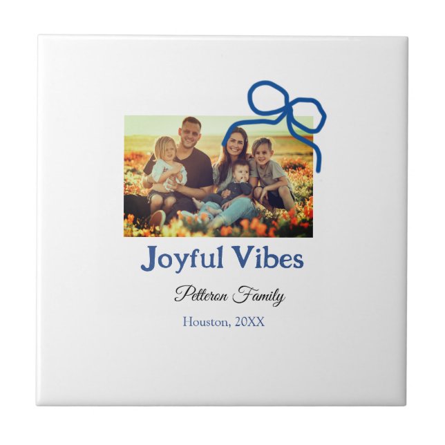 Carreau Blue bow joyful Vibes ajouter nom de famille photo (Devant)