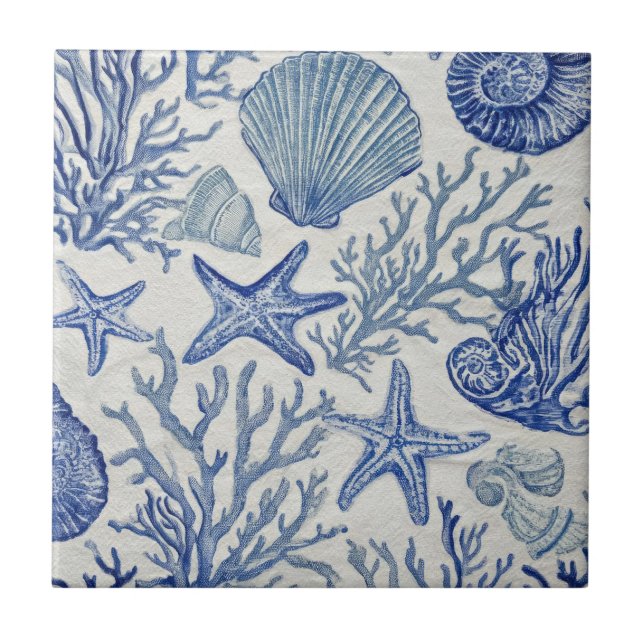 Carreau Blue Coastal Toile Seashell Coral Pattern (Devant)