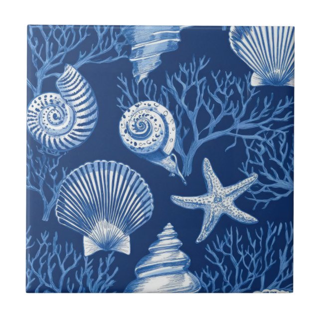 Carreau Blue Coastal Toile Seashell Coral Pattern (2) (Devant)