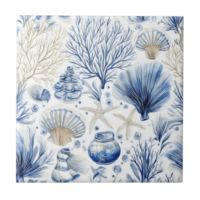 Carreau Blue Coastal Toile Seashell Coral Pattern (3) (Devant)
