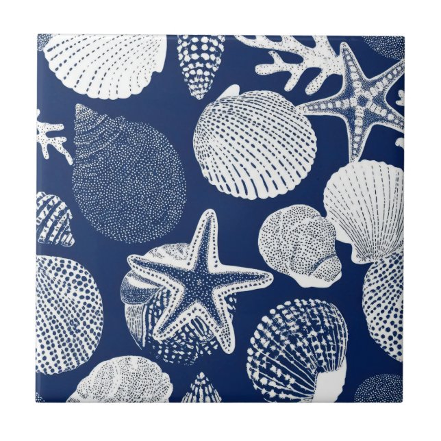 Carreau Blue Coastal Toile Seashell Coral Pattern (4) (Devant)