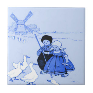 Carreau Blue Dutch Kids with Geese