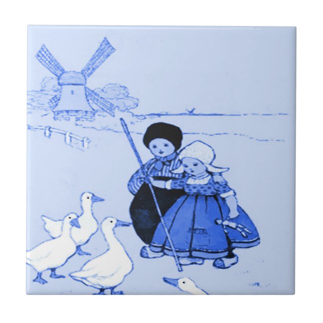 Carreau Blue Dutch Kids with Geese (Devant)