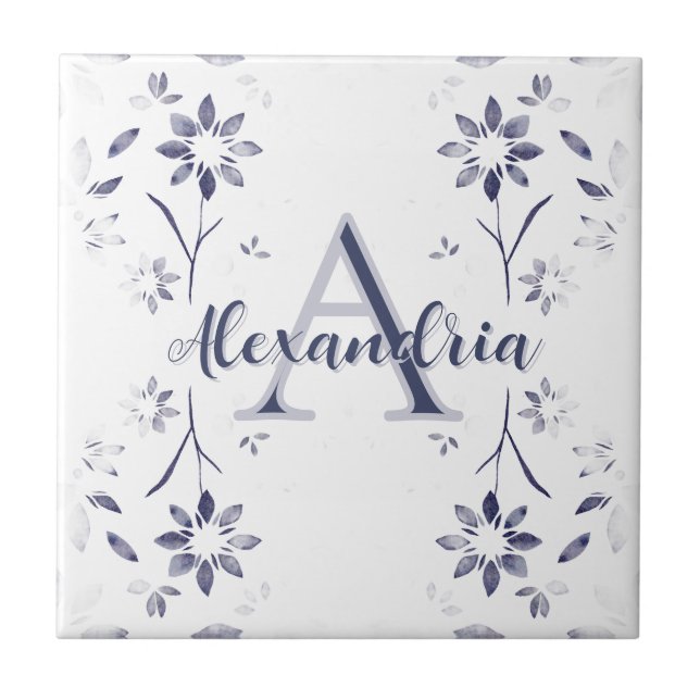 Carreau Blue Floral Personalized Monogram Name (Devant)