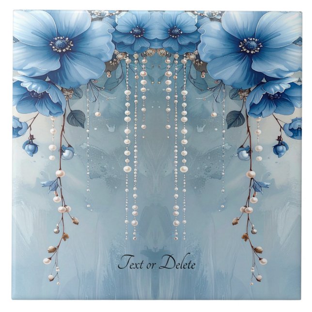 Carreau Blue Flowers and Pearls Ceramic Tile (Devant)
