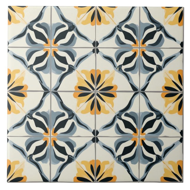 Carreau Blue, Gold and Off White Ceramic Tile (Devant)