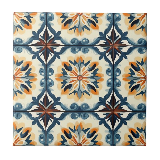 Carreau Blue Gold Orange and Brown Pattern Ceramic Tile (Devant)