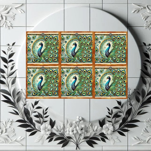 Carreau Blue Green Majestic Peacock Golden Feathers Motif  (Blue Green Majestic Peacock Golden Feathers Motif Ceramic Tile)