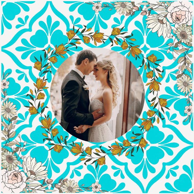 Carreau Blue Mediterranean Tile Pattern Wedding Photo Cera (Créateur téléchargé)