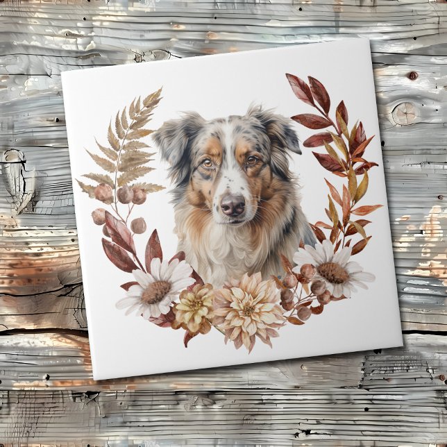 Carreau Blue Merle Australian Shepherd Dog Autumn Wreath (Créateur téléchargé)